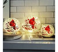 Cordless Crackle Glass Ball Cardinal Lamp with Timer, Battery Operated Led Red Bird Stained Christmas Decor Accent Sphere Table Lamp, Mother's Day Gift, Lighted Orb Cardinal Globe Desk Night Light