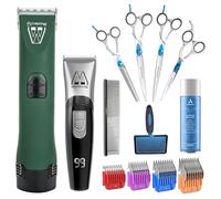 Cordless Dog Groomer Starter Pack with 4 Pack of Comb Guides, Showmate II Trimmer (Silver), 4 Pack of Scissors, Slicker Brush & Free Metal Comb and 5 in 1 Blade Coolant Spray