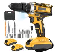Cordless Drill 18V,25+3 Gear Torque,2*Batteries,Maximum Torque 45 Nm,24*Accessories,3/8 Inch Chuck,Two Speed Settings,LED Lighting,for Home and Garden DIY Project (yellow-18V)