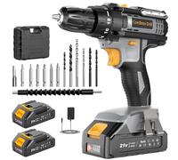 Cordless Drill 21V Bamse, Electric Drill with 2 Batteries 2.0Ah, Combi Set 42N.m Torque, 18+1 Torque, 2 Speeds, 14PCS Drill Set, LED Light for Garden DIY,Grey