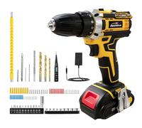 Cordless Drill 21V, Dexnoca 92pcs Comprehensive Drilldrivers Kit Battery Power, 45N.m Combi-Drill with 2.0Ah Battery, Charger, 3/8” Keyless Chuck Torque Setting Electric Screwdriver Kit, Yellow