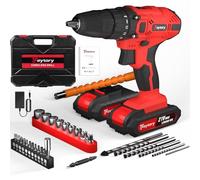 Cordless Drill Driver 21V, Handheld Screwdriver Combi Drill Set with 2X Batteries and Charger, 3/8'' Keyless Chuck, 45Nm, 25+1 Torque, 29pcs Accessories & Storage Case for Home and Garden DIY, Red