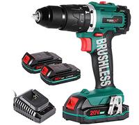 Cordless Drill Driver, Brushless 20V Hammer Drill with 2Pcs 2.0Ah Batteries Combi Drill Set, 50N.m Electric Screwdriver, 19+3 Torque Settings, 2-Variable Speed, 1/2" Metal Chuck Impact Drill