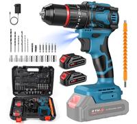 Cordless Drill, Electric Drill Set, 70Nm Cordless Combi Drill, 25+3 Torque Settings, 2 Variable Speed, with 2 x 1.5Ah Batteries, LED Light, 29 Accessories and Case, for DIY, Home and Garden (Blue)