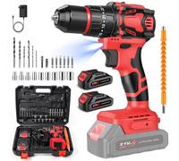 Cordless Drill, Electric Drill Set, 70Nm Cordless Combi Drill, 25+3 Torque Settings, 2 Variable Speed, with 2 x 1.5Ah Batteries, LED Light, 29 Accessories and Case, for DIY, Home and Garden (Red)