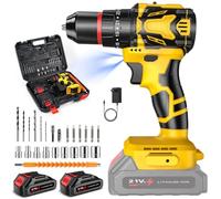 Cordless Drill, Electric Drill Set, 70Nm Cordless Combi Drill, 25+3 Torque Settings, 2 Variable Speed, with 2 x 1.5Ah Batteries, LED Light, 29 Accessories and Case, for DIY, Home and Garden (Yellow)