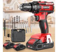 Cordless Drill, Power Drill 21V, Electric Drill Set 42N.m with 2 Batteries 2.0Ah, 10mm Chuck, 2 Speeds, 18+1 Torque, LED Light, 14pcs Drill Set for Garden DIY Project, Red