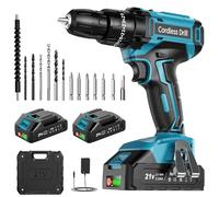 Cordless Drill Set 21V, Cordless Hammer Drill with 2 Batteries 2000mAh, 25+3 Torque, 42N.m Max ElectricDrill, 14 PCS DrillBits, 2 Speed, LED Light for Home and Garden DIY Project