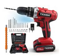 Cordless Drill Set 21V with 2.0Ah Battery and Charger, Power Combi Drills Kit 25+3 Torque, Electric Portable Drill, 2 Variable Speed, 3/8-Inch Keyless Chuck, Hammer Drill Home Garden DIY (Red)