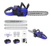 Cordless Electric Chainsaw 16 Inch, Chain Saws Cordless with Safety Lock, 2 Rechargeable Battery & 2 Chains, One Handed Portable Power Chainsaw 18000RPM, for Tree Branch Wood Cutting and Garden, Blue