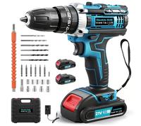 Cordless Electric Drill Set, 21V 2-Speed 50Nm Torque & 25+3 Clutch, 3/8" Chuck, 30pc Kit with Bits, Drivers & Sockets, 2x2000mAh Batteries & 1Hr Charger, LED Light for Home & Workshop.