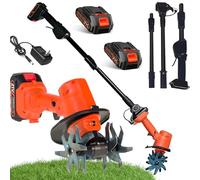 Cordless Electric Garden Tiller, cultivator handheld with telescopic pole 2 batteries 21v lithium-ion 10cm depth width soil loosening weeding machine for farm garden greenhouse