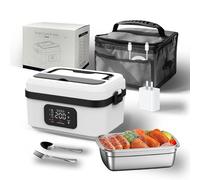 Cordless Electric Lunch Box for Adults, 1L Portable Self Heating Lunchbox with Fork Spoon & Carry Bag, stainless steel Food Warmer, for Work Office Picnic Car Camping Travel & Outdoor White and black