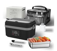 Cordless Electric Lunch Box for Adults, 1L Portable Self Heating Lunchbox with Fork Spoon & Carry Bag, stainless steel Food Warmer, for Work Office Picnic Car Camping Travel & Outdoor Black and gray