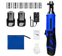 Cordless Electric Ratchet Wrench, 12V Cordless Electric, 3/8” Square Joint Ratchet Kit, x2 1500mAh Lithium-Ion Battery, Long Endurance - Cordless Ratchet Right Angle Wrench