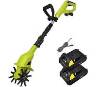 Cordless Electric Tiller, 2 Batteries & Charger, 10cm Tilling Width, 25cm Working Depth for Garden Soil Cultivation