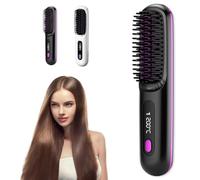 Cordless Hair Straightener Brush, Negative Ion Electric Hair Straightening Brush with 3 Temps, 20s Fast Heating, Portable Mini Straightening Brush for Travel (Black)