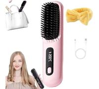 Cordless Hair Straightener Brush, Portable Straightener Brush for Travel, USB Rechargeable, Mini Negative Ion Smoothing Heated Styling Comb with a Yellow Hairband, for All Hair Types (Pink)