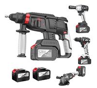 Cordless Hammer Drill Kit with Impact Wrench, Angle Grinder & 4X Battery for Wood & Concrete Drilling, Brushless Motor, Versatile Power Tool Set