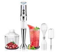 Cordless Immersion Blender Handheld Electric, 21-Speed with 3-Angle Adjustable, 4-in-1 USB Rechargeable Stick Blender with 304 Stainless Steel Blades, Chopper, Beaker, Puree,Baby Food (White)