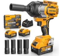 Cordless Impact Wrench, 900Ft-lbs (1200N.m) 1/2" Brushless Impact Gun, 20V High Torque Power Impact Driver, 2x4.0Ah Batteries,Brushless Motor 2400 RPM Variable Speeds for Family Car/Pickup Truck/Mower