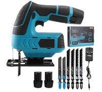 Cordless Jigsaw, 45°Bevel Cutting Angle, 3 Orbital Setting, Stepless Speed Change, Tool-Less Blade Change for Metal Cutting, Electric Jigsaw Tool Include 2 Batteries 1.3Ah 12V, Fast Charger, 6 Blades