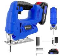 Cordless Jigsaw with Battery and Charger 400W 3000 SPM Electric Jigsaw Tool with Upgraded Powerful Motor, LED Light, 8PCS Blades, Power ±45°Cutting Jig Saw Cutter for Wood Metal Plastic, Blue