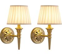 Cordless Led Wall Sconces Set of 2, Rechargeable Battery Wall Lights with Fabric Shade, Wireless Lamp for Living Room Bedroom Hallway Kitchen Wall Painting, Black Gold + Beige Lampshde (2 Pack)