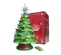 Cordless Lighted Ceramic Christmas Tree Vintage Tabletop Christmas Decoration, Pre-Lit Colorful Mini Light Bulbs 13'' Traditional Green
