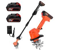 Cordless Mini Tiller Cultivator, 500W Lightweight Handheld Design with 2 Batteries, 1.3m Extension Rod, 235RPM, 4 Steel Blades, 120 Minute Run Time