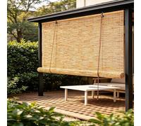 Cordless Natural Reedcane Curtain Sunshade Bamboo Roller Blind Privacy Screen Bamboo Shades Reedcane Fencing Roll for Patio Porch Light Filtering(W56xH72in)