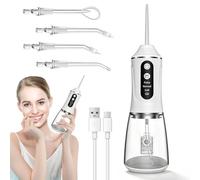 Cordless Oral Flosser with 3 Modes, 380ml Water Flosser with 4 Nozzles, IPX7 Waterproof & USB Rechargeable, Portable Descaler for Travel and Home (White)