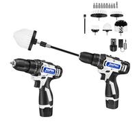 Cordless Power Drill Set, Cordless Electric Cleaning Brush with 5 Replacement Drill Brush, 10 Drill Bit, 2 Variable Speed, 3/8-Inch Chuck, 25+1 Torque (2X Batteries)