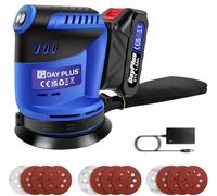 Cordless Random Orbital Sander with 1.5Ah Battery & Fast Charger, 125mm 3-Speed 11000RPM 12Pcs Sandpapers Mini Electric Orbital Sander with Dust Bag for Sanding, Polishing Metal/Wood