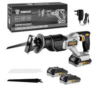 Cordless Reciprocating Saw：DEKOPRO 20V Electric Wood Saw with 2*2Ah Batteries and 2 Blades,Max 22mm Stroke,Tool-Free Blade Change,3200 SPM Variable Speed,LED Light-for Wood and Metal,PVC Cutting,Bone