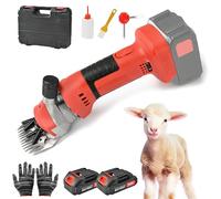 Cordless Sheep Shears, 1300W Electric Wool Shears with 6-Speed Adjustment & 13-Tooth Blade, Adjust Blade Spacing Sheep Shearing Clippers for Shaving Sheeps Goats Cattle Farm Pet Red 2 * 5 Batteries