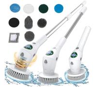 Cordless Spin Cleaning Brush, Electric Spin Scrubber with 8 Replaceable Brush Heads and Adjust Extension Handle, LED Light, Real-time Power Display, 3 Speeds, IPX7 Waterproof Shower Scrubber