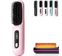 Cordless Straightener Brush, Portable Electric Hairbrush - LED Display, Fast Heat Up, Rechargeable for Travel, Everyday Hair Styling(Pink)