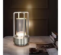 Cordless Table Lamp for Outdoor Indoor, Portable Metal Desk Lamp, Rechargeable LED Crystal Lantern Lamp, 3 Color Stepless Dimming Touch, Battery Powered Table Light for Bedroom Restaurant (Silver)