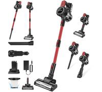 Cordless Vacuum Cleaner with Filters, LED Light, 3000mAh Rechargeable Battery, 15000PA Compact Powerful Multifunction Handheld Stick Vacuums & Electric Brooms, Anti-Tangle Upright Vacuum Cleaner, Red