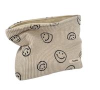 Corduroy Cosmetic Bag - Aesthetic Women's Handbag Purses with Smile Dots Makeup Organizer Storage, Beige, Large Capacity