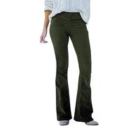 Corduroy Flared Trousers Women Elasticated High Waist Cord Pants Baggy Pull On Pants Solid Color Bootcut Pant Loose Straight Wide Leg Trousers with Pockets Lounge Holiday Pant Streetwear Green