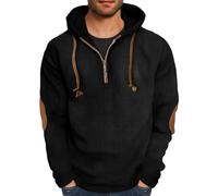 Corduroy Hoodie Men 1/4 Zip Elbow Patches Drawstring Long Sleeve V Neck Casual Pullover Vintage Sport Fall Winter Sweatshirt Hoodies for Men UK Black