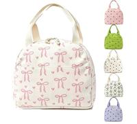 Corduroy Insulated Lunch Bag, Heart Print Bow Decor Tote Bag, Double Zipper with Front Pocket, Portable Carry Bag for School Office Picnic, 26x18x21cm (Pink Bow)