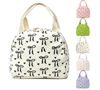 Corduroy Insulated Lunch Bag, Heart Print Bow Decor Tote Bag, Double Zipper with Front Pocket, Portable Carry Bag for School Office Picnic, 26x18x21cm (Black Bow)