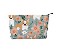 Corduroy Makeup Bag Cosmetic Bag For Women Girls,Large Capacity Portable Toiletry Pounch With Zipper, Corgi Floral Flowers Spring Garden Aesthetic Women Handbags Purses Travel Make Up Organizer