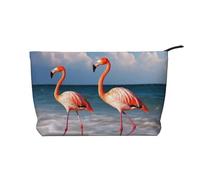 Corduroy Makeup Bag Cosmetic Bag For Women Girls,Large Capacity Portable Toiletry Pounch With Zipper, Pink Flamingo Walking On The Beach Aesthetic Women Handbags Purses Travel Make Up Organizer