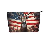 Corduroy Makeup Bag for Women Soft Cosmetic Pouch with Zipper Travel Toiletry Organizer for Daily Use (Americana Flag Deer)