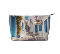 Corduroy Makeup Bag for Women Soft Cosmetic Pouch with Zipper Travel Toiletry Organizer for Daily Use (Greece Street)