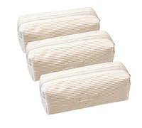 Corduroy Pencil Case, 3pc Beige Pencil Pouch with Zipper, 19x7x6cm Cream Cosmetic Bag, Aesthetic Pencils Case, Large Capacity Stationery Bag, Solid Color Makeup Bags for School, Travel